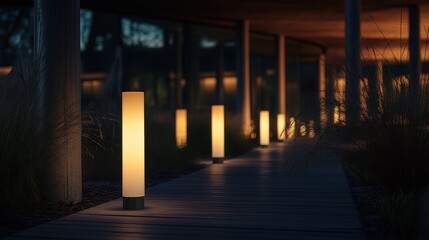 Fototapeta premium Path lit by cylindrical lamps at night