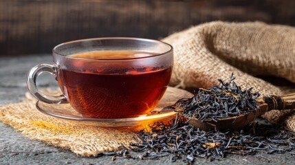 A clear glass cup holds dark tea next to loose dried tea leaves on rustic wooden surface.