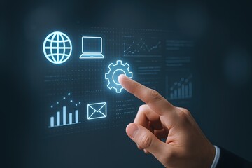 Futuristic digital interface with technology icons including globe laptop gear and email.