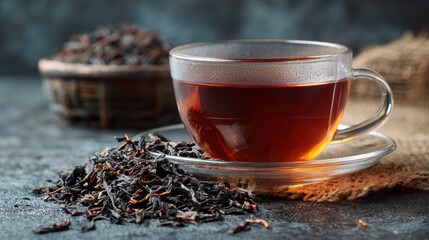 Aromatic black tea is steeped in a clear glass cup creating a calming and peaceful atmosphere.