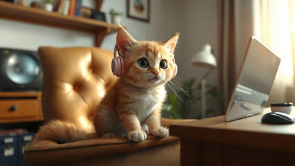 Adorable ginger kitten sits in a chair wearing headphones near a laptop, showcasing a modern, cozy home office environment.
