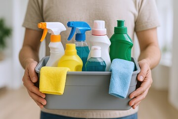 Cleaning supplies in gray container including spray bottles sponges and cloths for house cleaning.