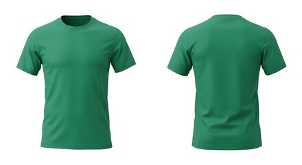 Front and back view of a plain green tshirt isolated on a white background