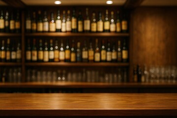 Empty wooden bar counter with shelves full of liquor bottles in a cozy pub.