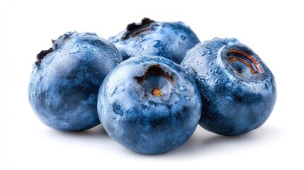 Close-up showcases four fresh blueberries, their surfaces beaded with water, on a white background.