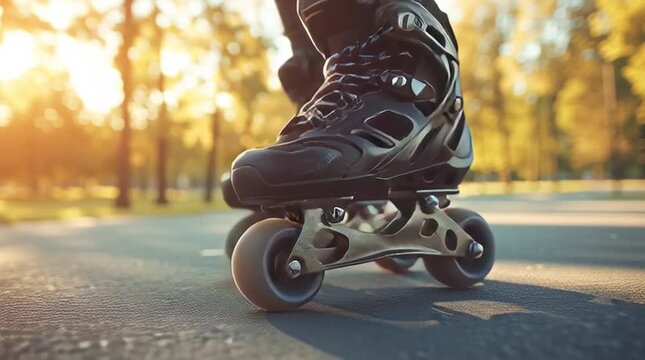 Person wearing black rollerblades skating, video