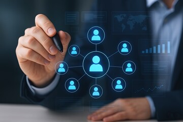 Businessman drawing digital social network diagram with futuristic interface.