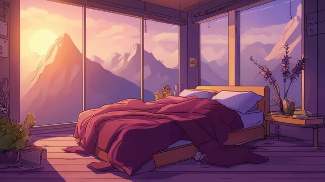 Cozy Anime-Style Bedroom with Scenic Mountain View at Sunset