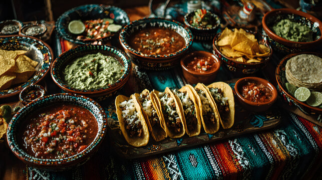 Table full of Mexican food including tacos, guacamole, and chips. The table is set for a party or gathering