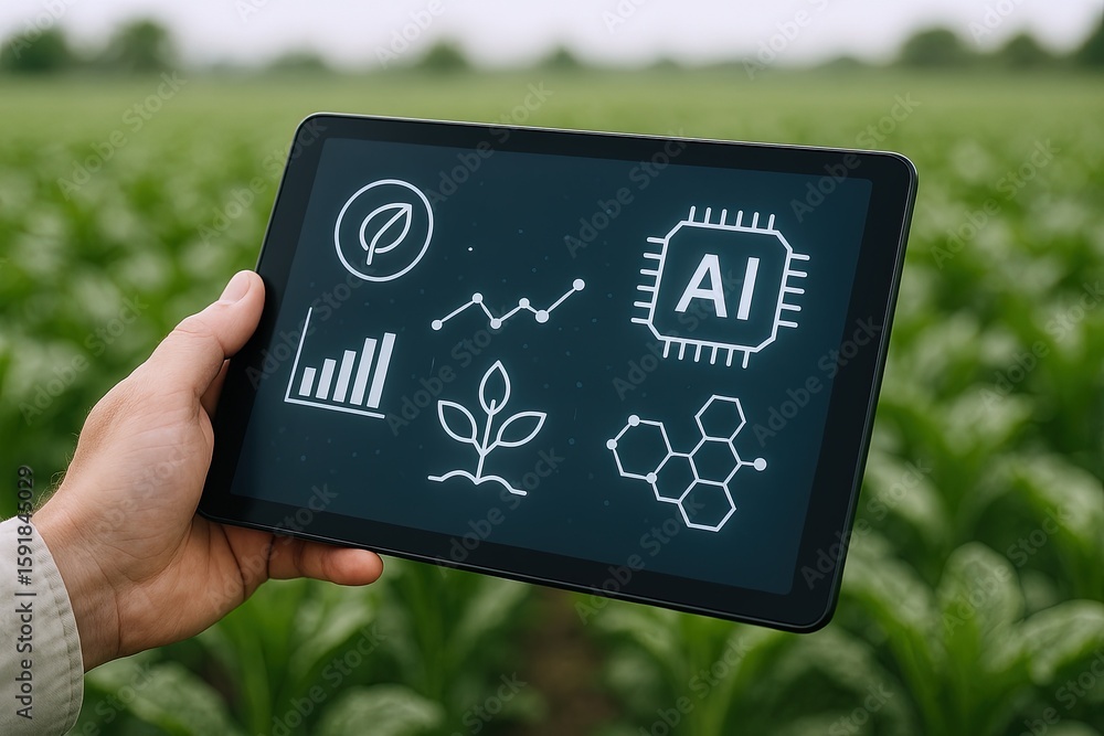 Poster hand holding digital tablet displaying artificial intelligence and technology icons in open green fi