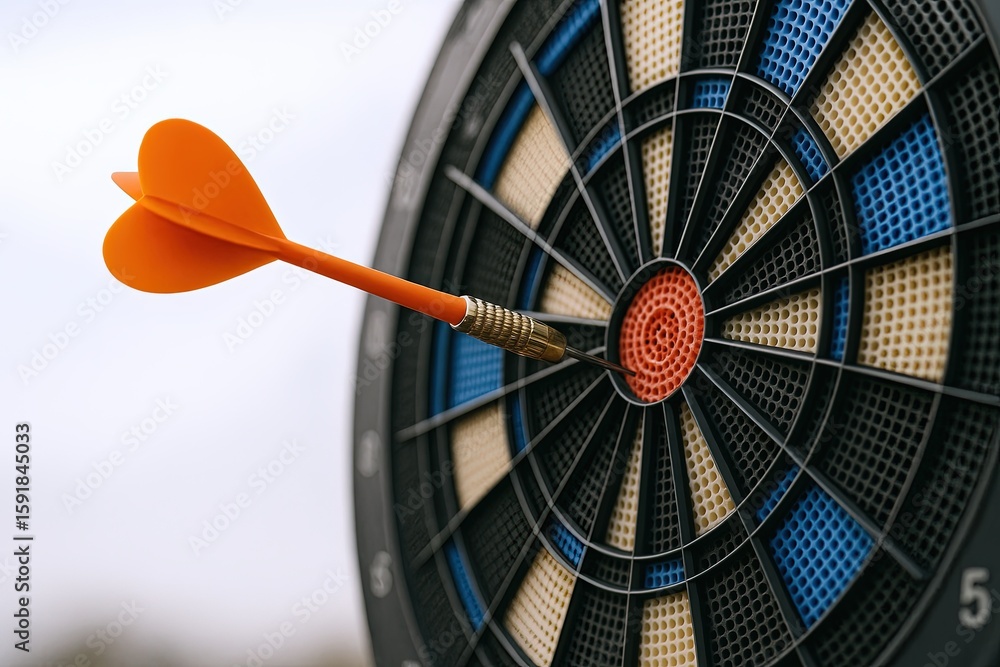 Poster close-up of a dart embedded in the bullseye of a professional target for accuracy and skill.