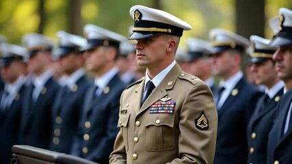 Memorial Day Tribute: Honoring Military Valor and Sacrifice with Disciplined Rituals in Photo Stock Concept Featuring Empty Space for Text