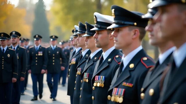 Exemplifying distinguished military valor with disciplined rituals during Memorial Day observance while presenting commendable sacrifice and national pride in formal tribute. in  Photo Stock  Concept 
