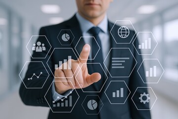 Businessman interacting with digital holographic interface showing data analytics and graphs.