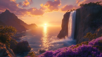 Sunset Waterfall Cascading into Ocean at Golden Hour
