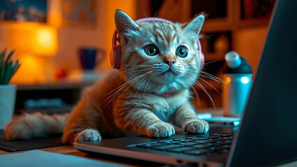 Adorable kitten with headphones using laptop, showcasing pets and technology in a cute and engaging setting, perfect for pet lovers and digital themes.