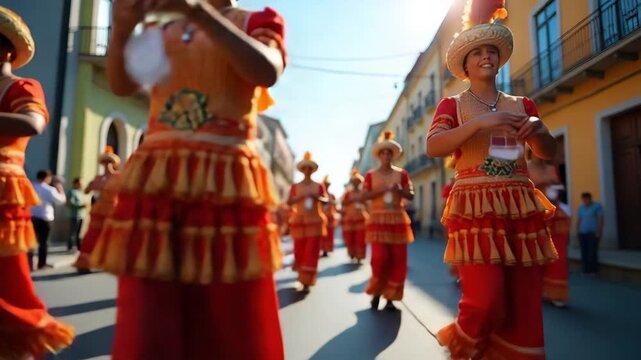 Orchestrating an impressive parade showcasing majestic processions and organized community celebrations with vibrant religious and cultural expressions during Corpus Christi festivities. in  Photo Sto