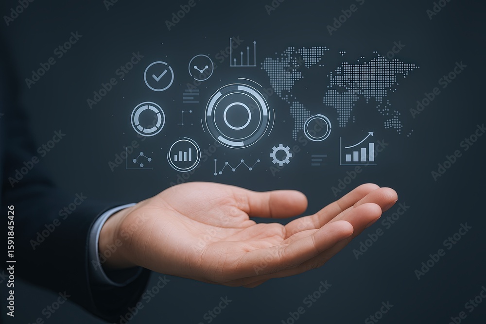 Poster businessman holding digital interface with world map and data charts in hand.