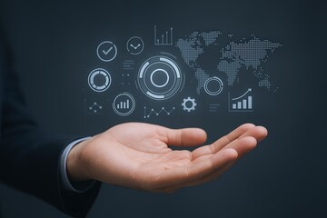 Businessman Holding Digital Interface with World Map and Data Charts in Hand.