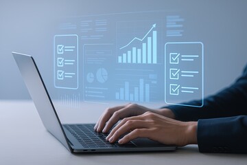 Business Person Analyzing Data Charts Graphs and Reports on a Laptop Screen.