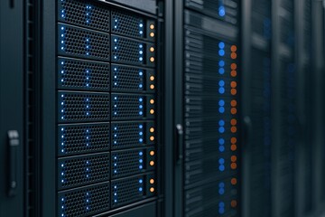 Modern data center server racks with illuminated blinking LED lights and cooling system.