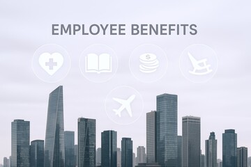 Fototapeta premium Modern city skyline with corporate buildings and employee benefits icons background.