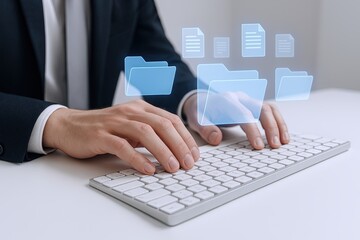 Businessperson Using Holographic Files and Cloud Storage on Virtual Keyboard.