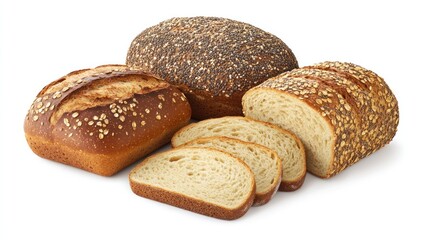Naklejka premium Three loaves of bread, various types, sliced, isolated on white