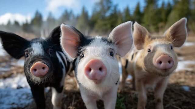 Charming farm pigs bask in morning light, their warm breath visible in the cool air, set against a tranquil countryside backdrop.