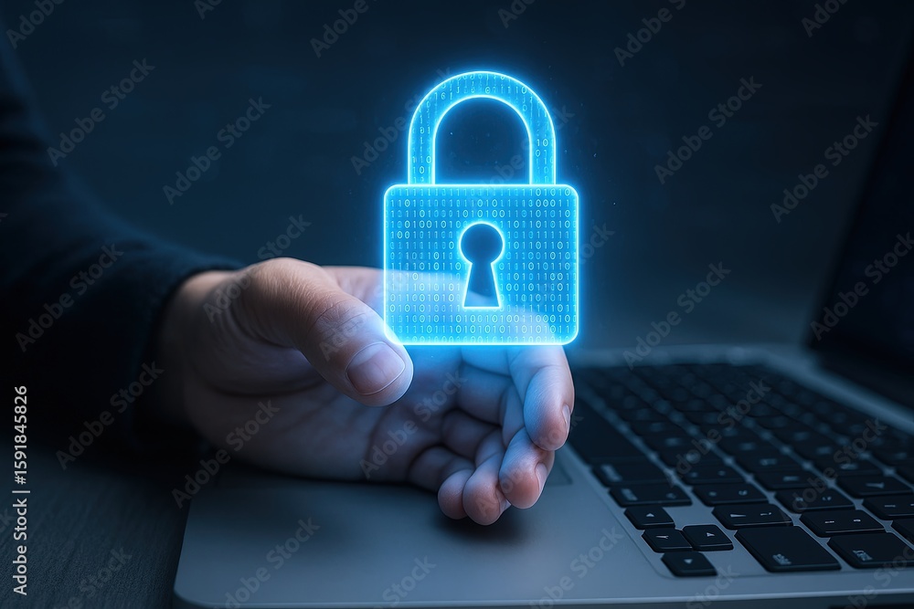 Poster digital security concept with neon lock icon on laptop keyboard in dark environment.