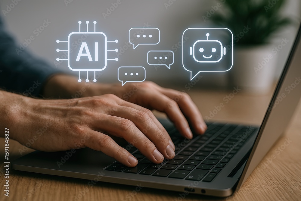 Poster close-up of hands typing on laptop with ai chatbot icons and speech bubbles on screen.