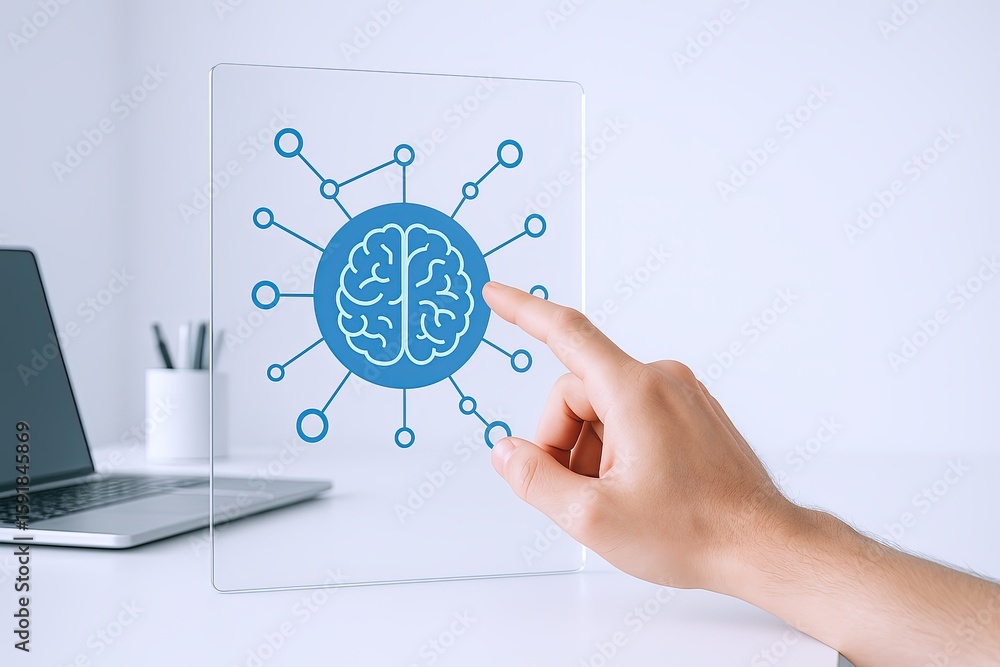 Aufkleber modern digital illustration of brain connected to technology network on transparent screen.