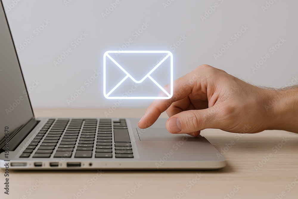 Aufkleber modern hand interacting with email notification floating above laptop keyboard on light background.