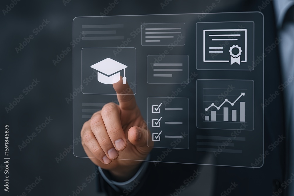Poster modern digital interface with educational certificate icons and data charts on screen.