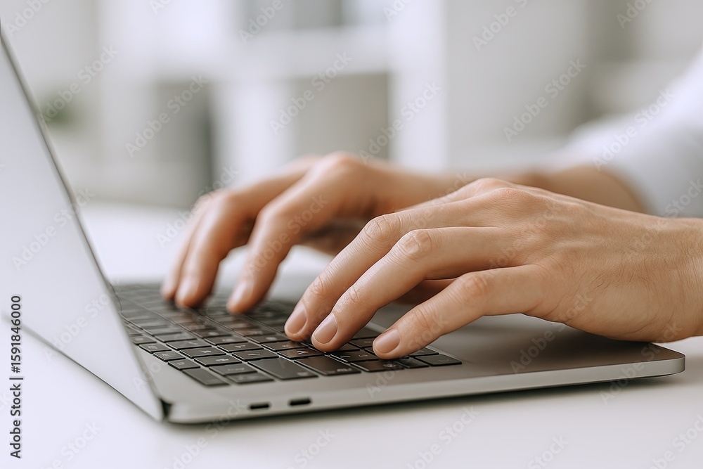 Aufkleber close-up of hands typing on a sleek modern silver laptop computer keyboard for work.