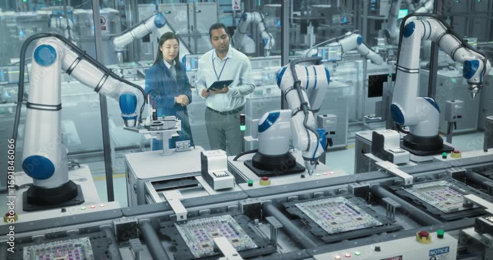 Poster electronics factory floor: female project manager and engineer talking, using tablet computer. monit