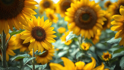 Vibrant sunflowers stretch towards the sky, displaying bright yellow petals and lush green leaves in a summertime agricultural field.