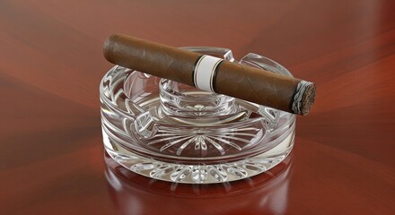 A premium, unlit cigar with a blank band, resting in an elegant ashtray on a polished wooden surface.