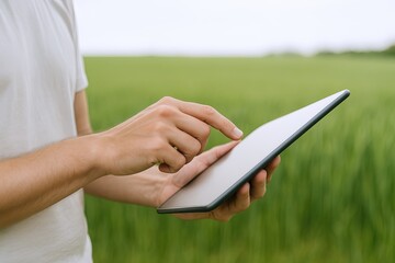 Close-up of person using a tablet device outdoors in a green field during daytime.