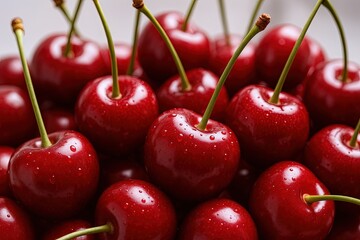 Fresh juicy bright red cherries with green stems freshly picked and arranged.