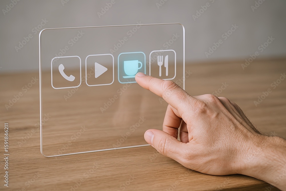 Poster futuristic transparent touchscreen interface with icons for communication entertainment and dining.