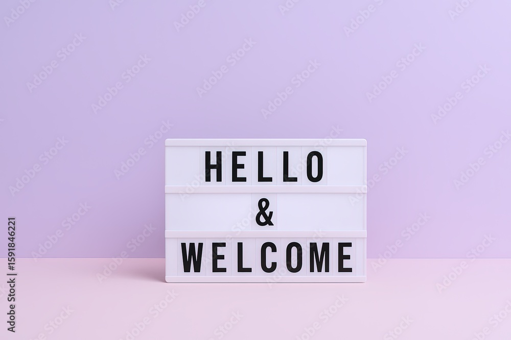 Poster lightbox sign displaying hello and welcome message on soft pink background.