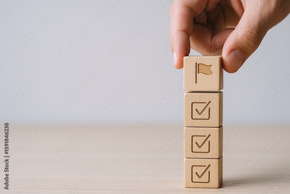 Poster hand stacking wooden blocks with checkmarks and flag symbol representing achievement.