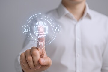 Person pressing futuristic biometric fingerprint scanner on transparent digital interface.