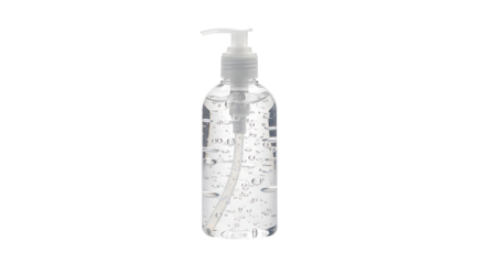 Clear plastic bottle filled with hand sanitizer and a pump dispenser on transparant background