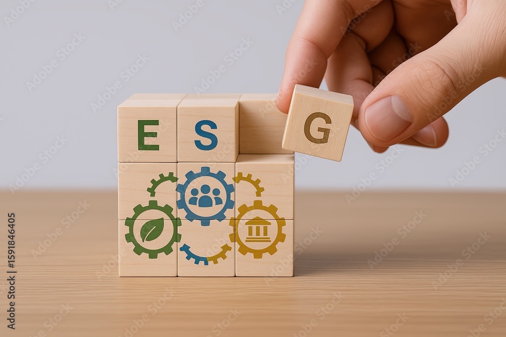 Poster hand holding wooden block with letter g between blocks with letters e and s and icons for process an