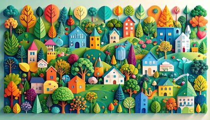 Colorful paper cut-out town scene