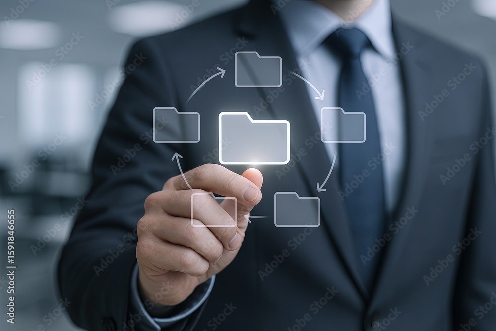 Poster businessman interacting with digital folder icons for file management and organization.