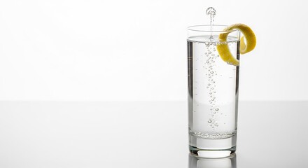 A tall, clear glass of sparkling water with a lemon twist and an elegant stream of bubbles, set against a bright white background.