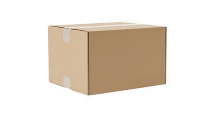 A plain, closed cardboard box on transparant background, ready for shipping.